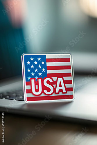 Patriotic Laptop - Close-up photo of a 'USA' sticker on a laptop Gen AI photo