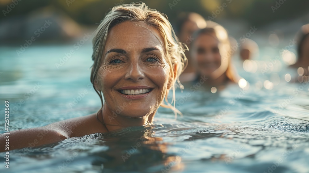 Senior women in the pool doing aquatic workouts. Close-up of a mature woman doing water activities such as swimming and water aerobics for health benefits.