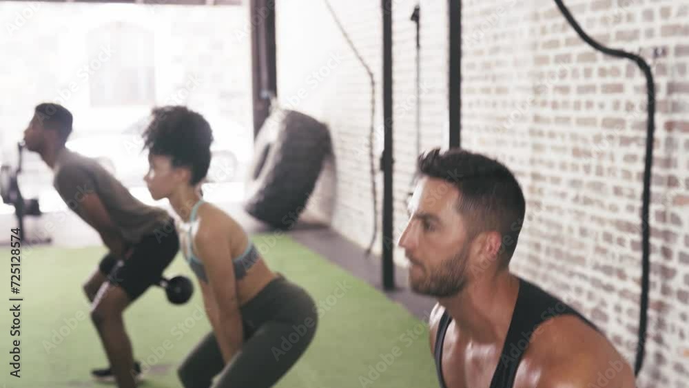 People, exercise and kettlebell for weightlifting and muscle training, squats and power at gym. Fitness, group workout together and bodybuilding with energy, challenge and sports for strength
