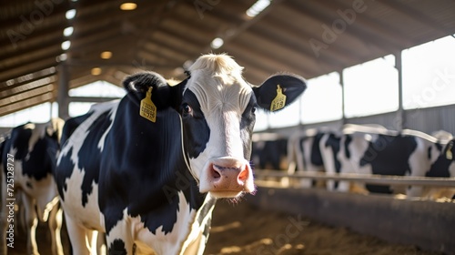 A close-up portrait of a dairy cow in a barn.