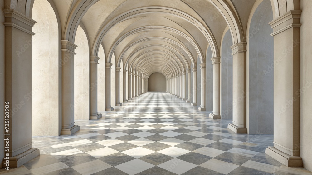 Symmetrical corridor with arches and marble floors.