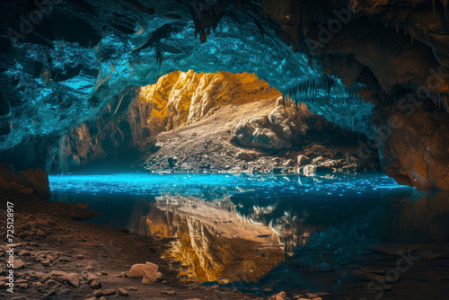 Bioluminescent cave exploration, a cave illuminated by bioluminescent organisms.