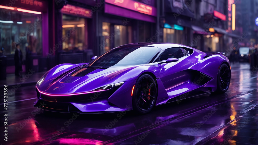 Futuristic Marvel: Cyberpunk Cityscape with a Sleek Purple Supercar