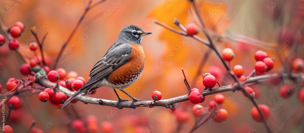 Redwing bird sitting on branch with red berries. Redwing bird sitting on branch with red berries.