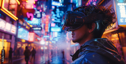  Futuristic minimalistic cyber-neon portrait of a young man wearing VR glasses, immersed in the virtual reality experience.
