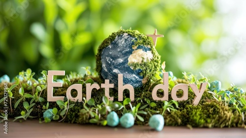 Earth Surrounded by Moss and the Word Earth Day Generative AI