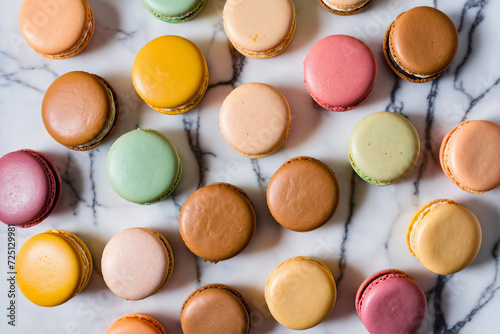 Assorted flavored and multi-colored french macarons. Cookies shot top down birds eye view overhead on white marble surface with soft light.