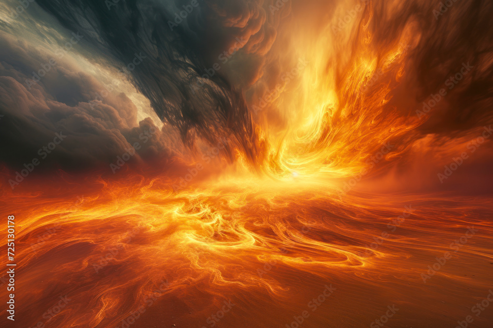 Elemental storm in a desert landscape engulfed in elemental storms of fire.