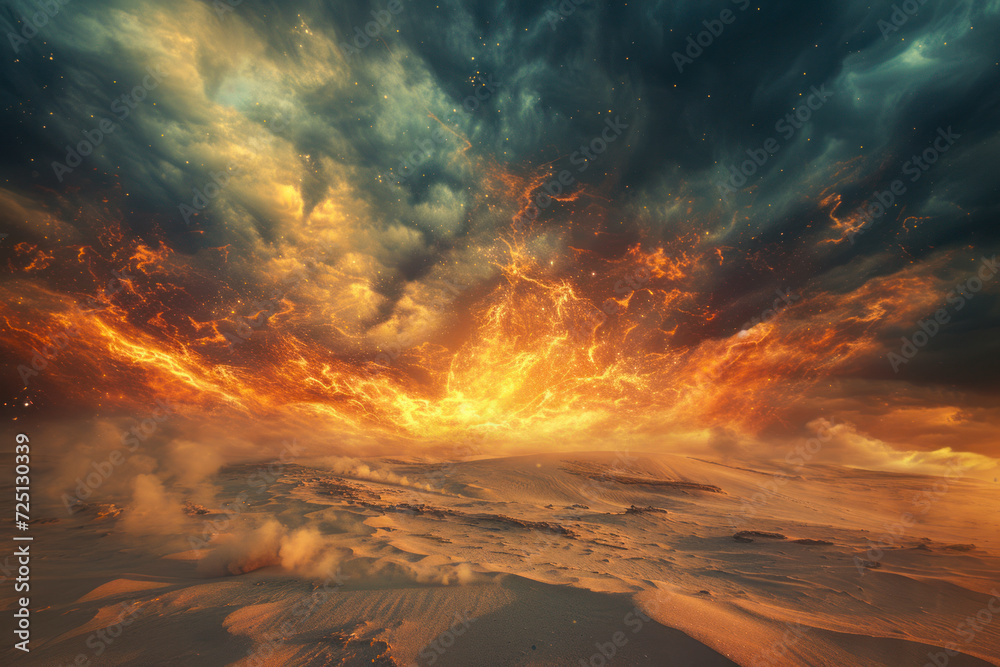 Elemental storm in a desert landscape engulfed in elemental storms of fire.