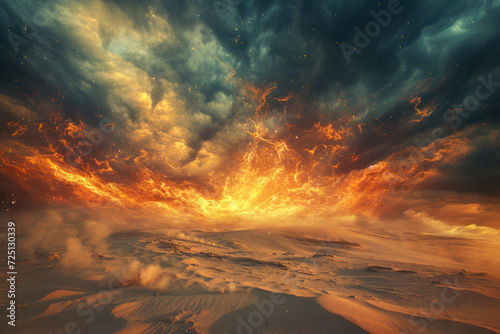Elemental storm in a desert landscape engulfed in elemental storms of fire.