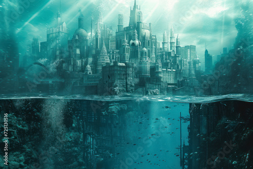 Enigmatic underwater city  landscape showcasing a mysterious cityscape beneath the ocean s surface.
