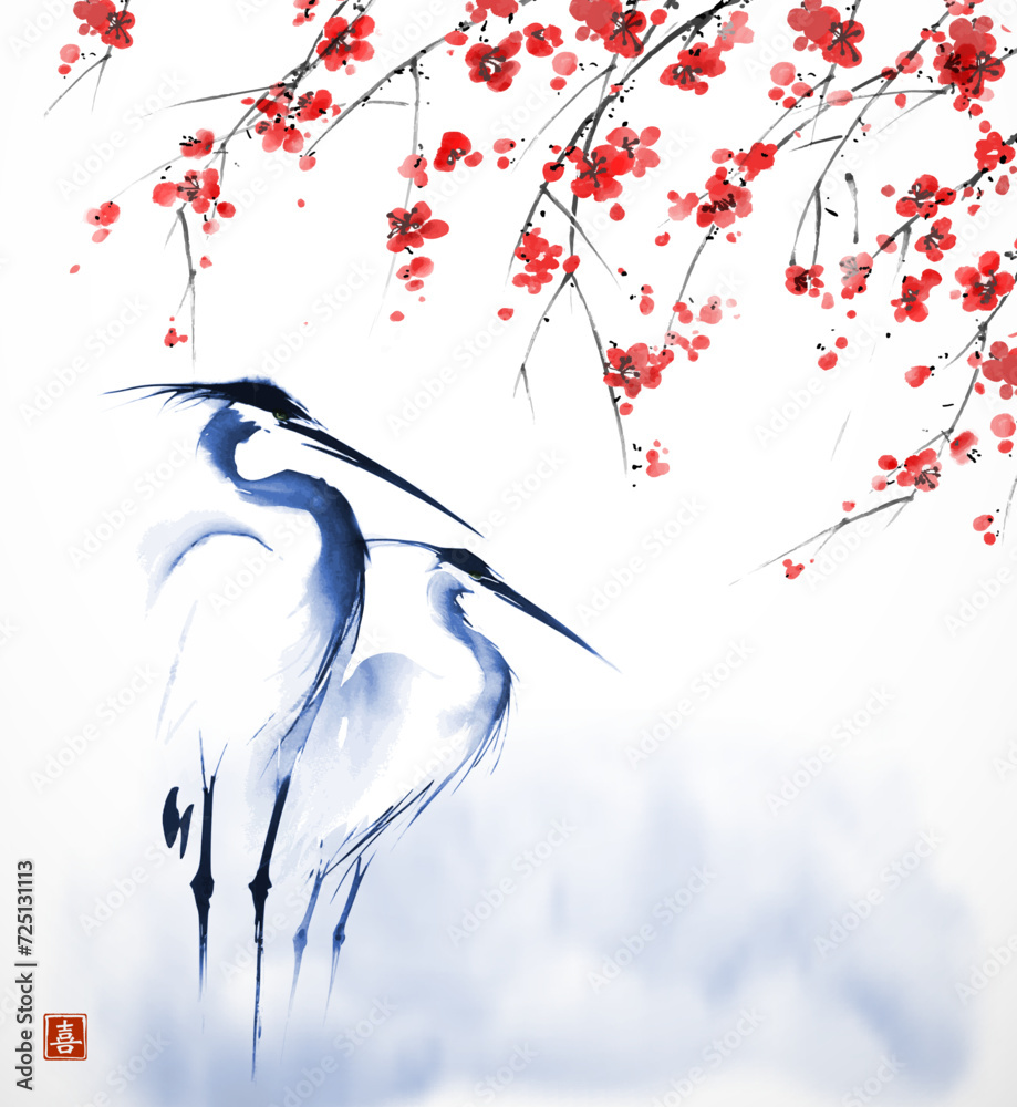 Fototapeta premium Minimalist ink painting with two herons and blossoming sakura branches. Traditional oriental ink painting sumi-e, u-sin, go-hua. Translation of hieroglyph - joy
