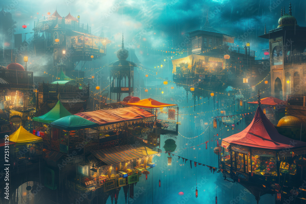 Fantasy floating marketplace, scene featuring a market floating in the sky with colorful tents and stalls.