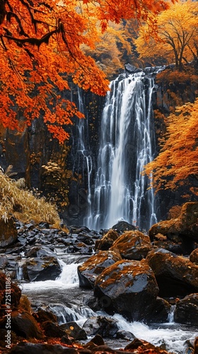 A cascading waterfall surrounded by vibrant autumn foliage  capturing the dynamic beauty of the season in
