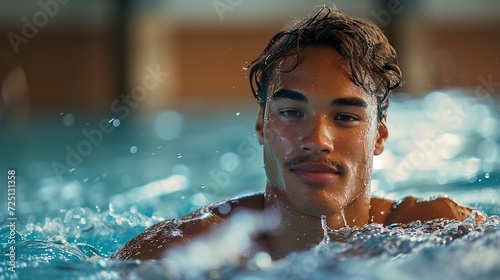 Men in the pool doing aquatic workouts. Close-up of a young man doing water activities such as swimming and water aerobics for health benefits. photo