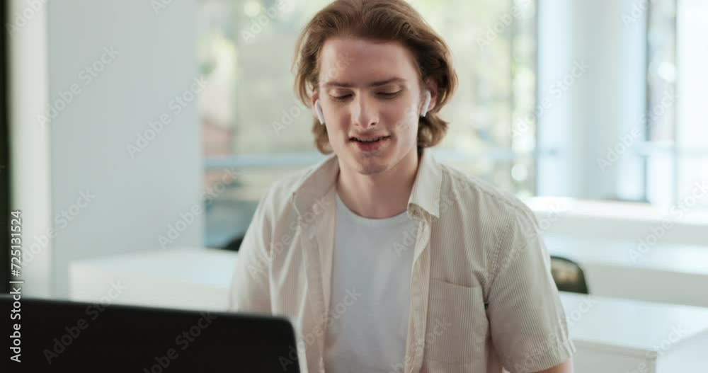 Laptop, wave and video call with man in office for webinar, virtual meeting or online training. Business, computer and communication with happy young person at workplace for employee interview Laptop, wave and video call with man in office for webinar, virtual meeting or online training. Business, computer and communication with happy young person at workplace for employee interview