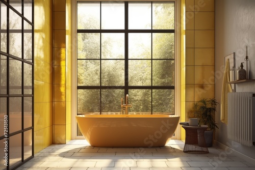 rectangle bathtub in a yellow bathroom with a big window above it