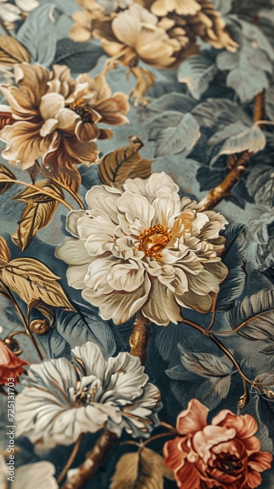 A close-up of a vintage-inspired floral wallpaper, capturing the intricate details and muted color palette.