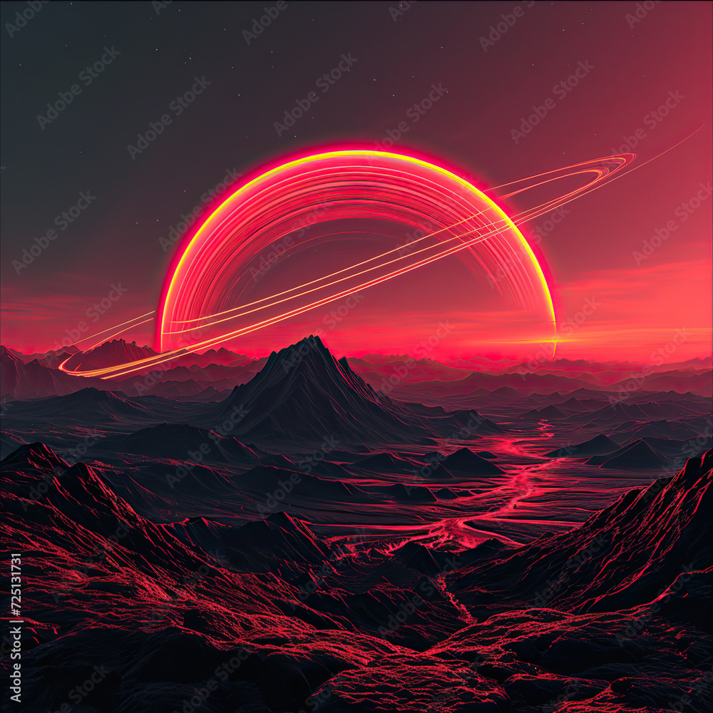 neon, planet, Saturn, futuristic, world, technology, cyber, vibrant, cosmic, landscape, sci-fi, future, space, colors, atmosphere, rings, glowing, electrifying, vibrant, generative ai