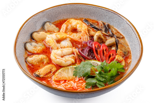 Tom Yam with seafood on a white background studio food photo 3