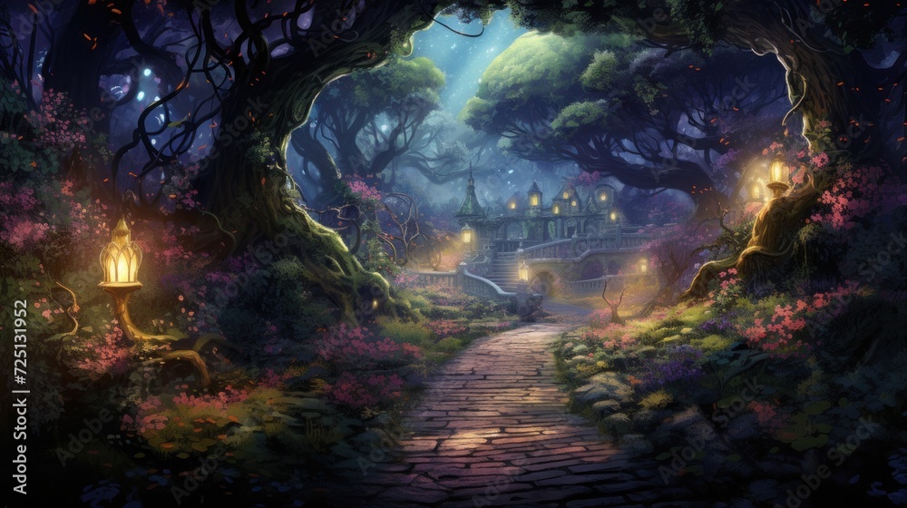 Enchanted forest pathway leading to magical mansion at night. Fantasy and imagination.