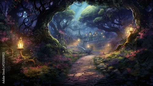 Enchanted forest pathway leading to magical mansion at night. Fantasy and imagination. © Postproduction