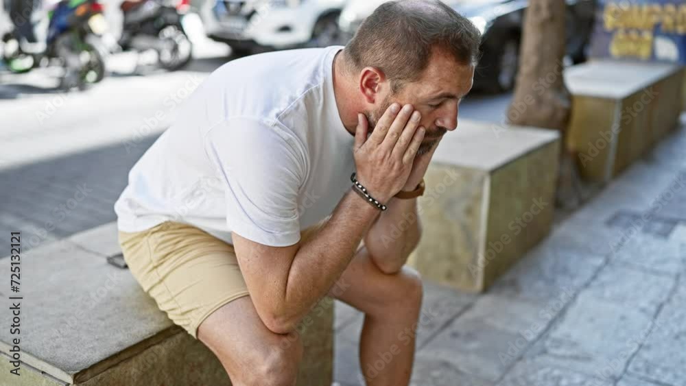 Distressed man sitting outdoors on a city street, hiding his face with his hands in a moment of sadness or stress