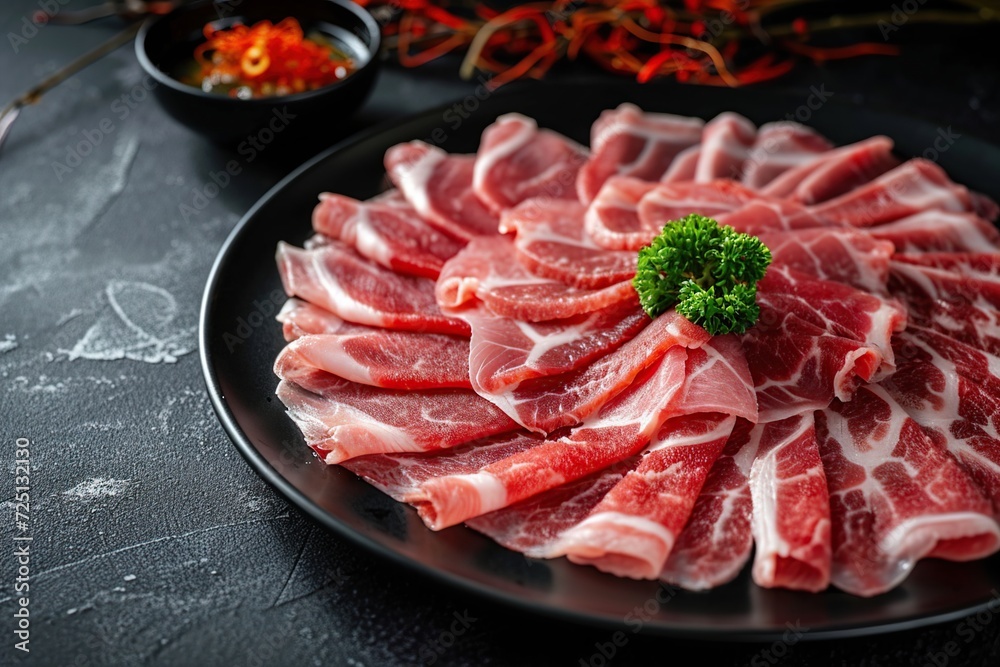 Thinly sliced fresh raw beef served in a round plate.