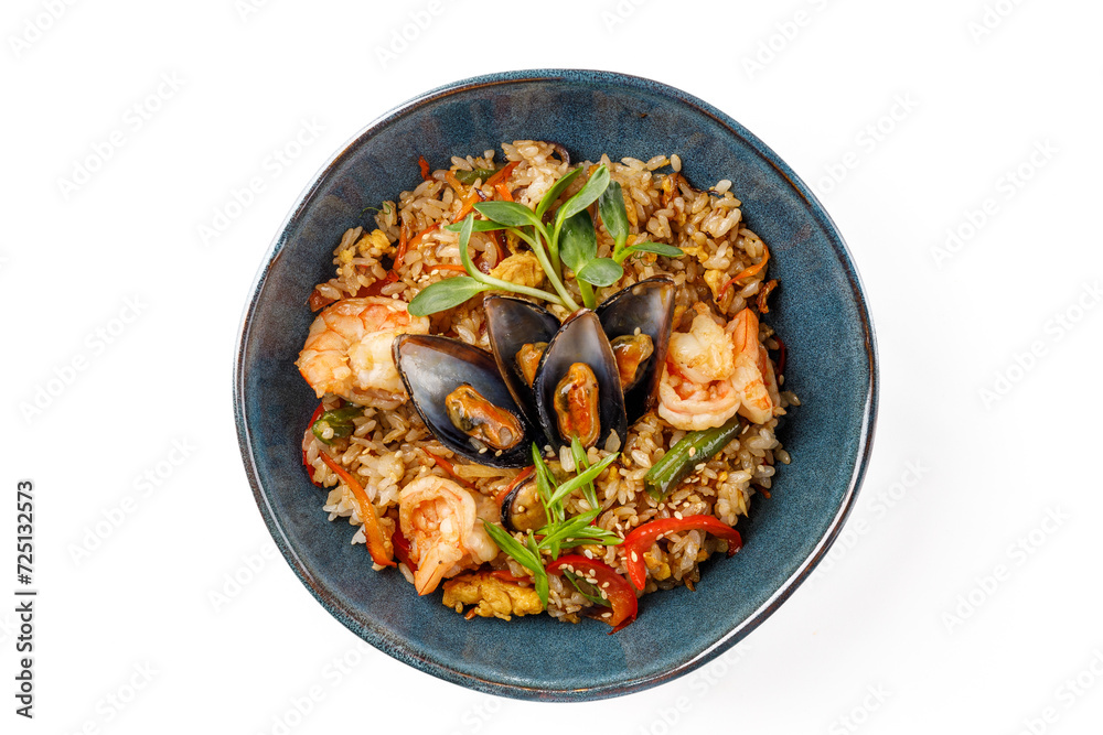 Hibachi rice with seafood on white background studio food photo 3 Hibachi rice with seafood on white background studio food photo 3