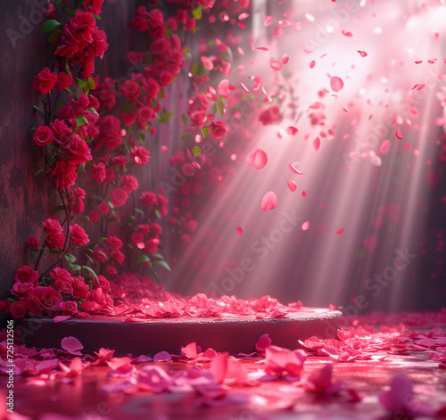 3d empty product display podium designed for presentations. Exhibition stage filled with sunbeams and scattered red rose petals, embodying romance and intimate celebrations. 