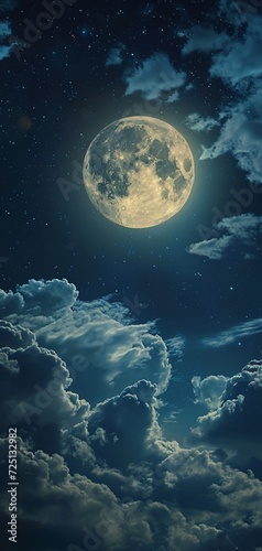 A mesmerizing view of a full moon illuminating a night sky with scattered clouds, ideal for a mystical lock screen wallpaper.
