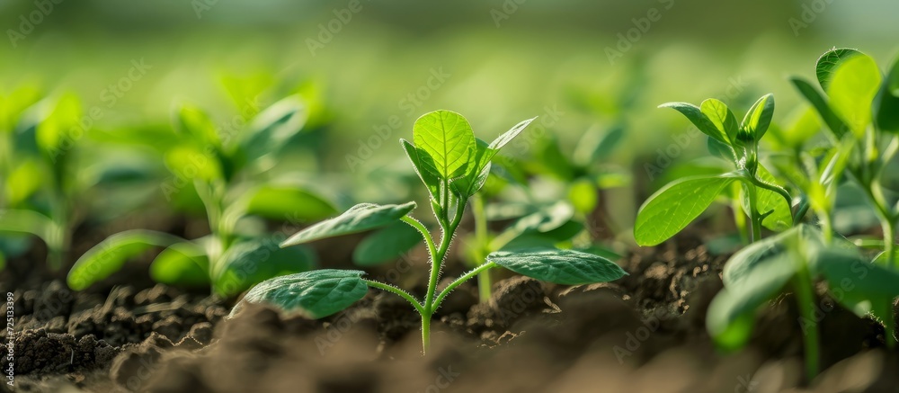 Macro photograph of young soybean plants in a field.