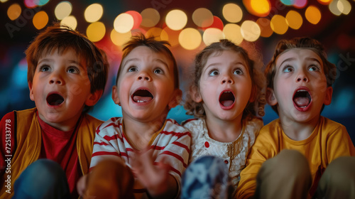 surprised happy delighted children watching show at circus or movie in cinema, kids, toddler, emotional, face, portrait, person, childhood, joy, people, performance