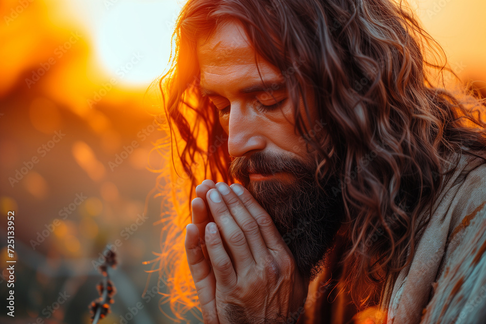 Jesus of Nazareth praying in Gethsemane, asking God for answers, solemn moment filled with celestial light on Maundy Thursday - obrazy, fototapety, plakaty 