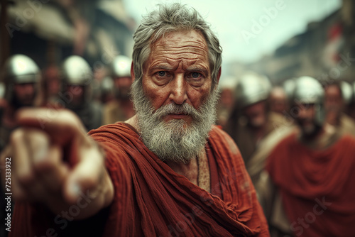 Betrayal of Judas, Elderly man pointing at Jesus of Nazareth with a group of Roman soldiers