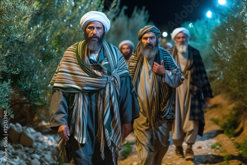 Apostles on the Mount of Olives, group of men walk along the path at night, biblical scene of Maundy Thursday