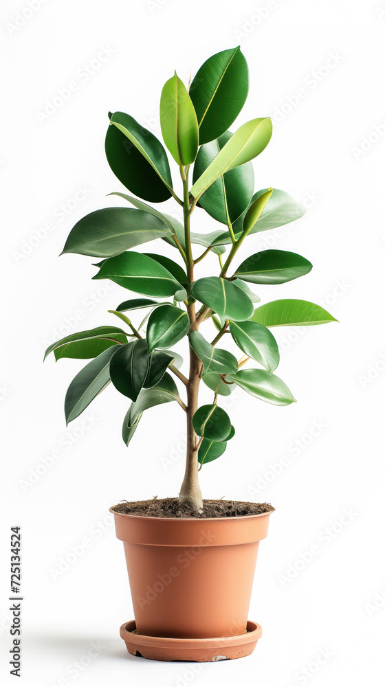 A healthy Ficus Elastica plant with vibrant green leaves, housed in a stylish grey pot, isolated on a white background. A healthy Ficus Elastica plant with vibrant green leaves, housed in a stylish grey pot, isolated on a white background.
