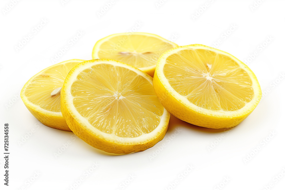 A close-up view of bright, juicy lemon slices against a clean white background, highlighting their vibrant yellow color and citrus texture