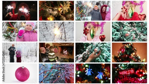 Happy adults and children, shiny Christmas decorations (6 models), collage photo