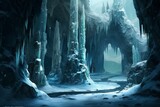 Digital artwork showing an icy cave in a mountain glacier with stalactites and daylight. The cave has a frozen blue and chilly atmosphere. Generative AI