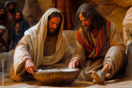 Jesus washing an apostle's feet, biblical scene of the Messiah washing the apostles' feet on Maundy Thursday outdoors
