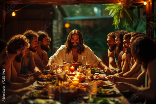 Last Supper of Jesus of Nazareth  biblical scene of the celebration banquet with food and drink of Jesus Christ and his apostles on Maundy Thursday