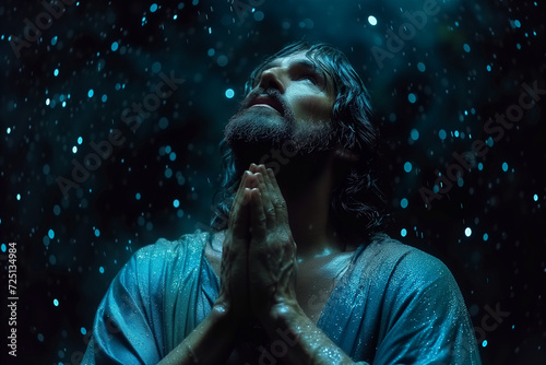 Jesus of Nazareth praying in Gethsemane, asking God for help, supplications, and prayer under a celestial starry sky on Maundy Thursday