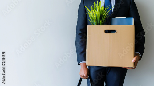 Redundant worker holding office belongings after losing job. Unemployment crisis during recession concept. Copy space