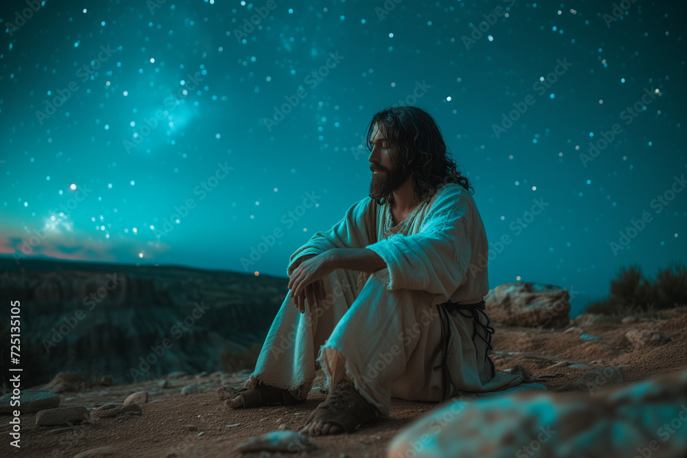 Jesus of Nazareth praying in Gethsemane, asking God for answers, solemn moment of peace under a starry and celestial galactic sky on Maundy Thursday - obrazy, fototapety, plakaty 