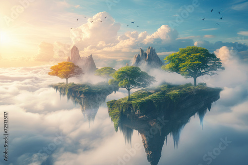 Mystical floating islands, landscape showcasing islands suspended in the air.
