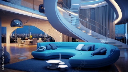 Modern sci-fi futuristic blue interior. Neural network AI generated art