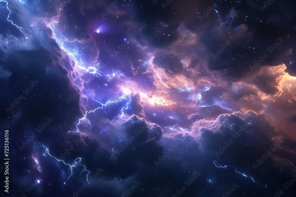 A cosmic storm with electrifying lightning and swirling gas clouds in deep space