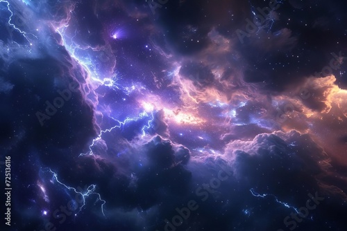 A cosmic storm with electrifying lightning and swirling gas clouds in deep space