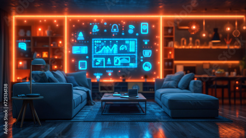 Digital Home Theater  cinema room illuminated by holographic smart technology for entertainment